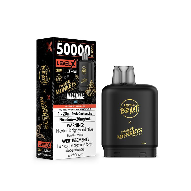 Flavour Beast x12 Monkeys Level X G2 Ultra pod 50k Harambae Iced 20mg/mL (Provincial)