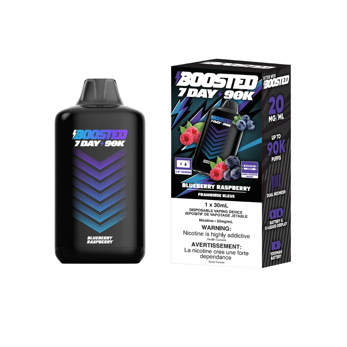 Boosted 7day 90k Blueberry Raspberry 20mg/mL disposable (Provincial)