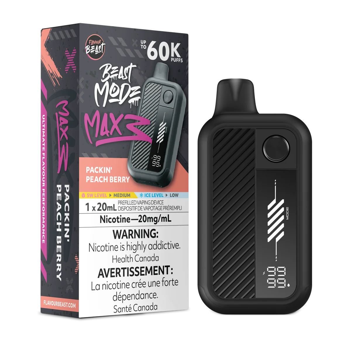 Flavour beast Mode Max 3 60K Packin’ Peach Berry 20mg/ml disposable (Provincial)