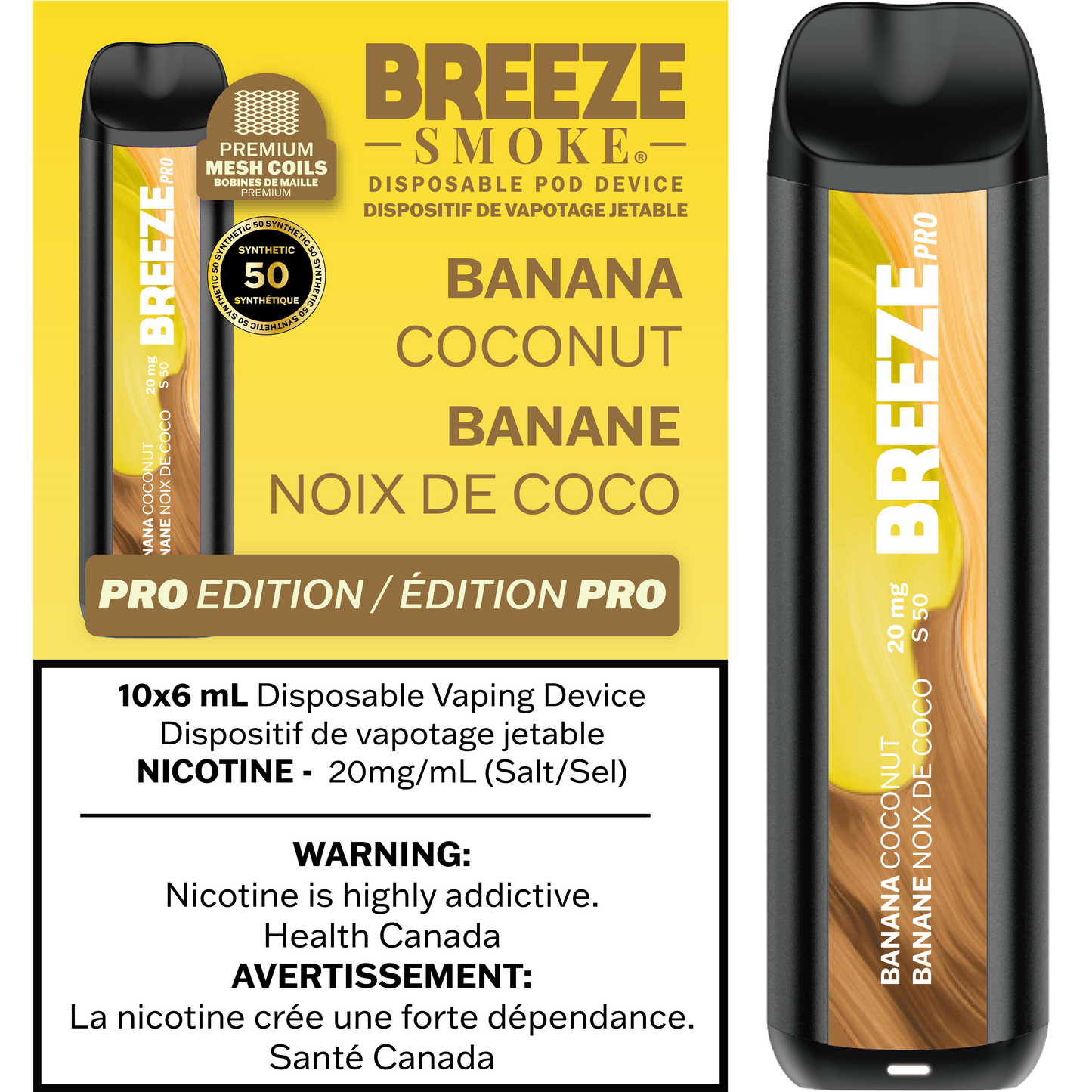 Breeze Pro Synthetic 50 2000 Banana Coconut 20mg/mL disposable (Provincial) {12A}