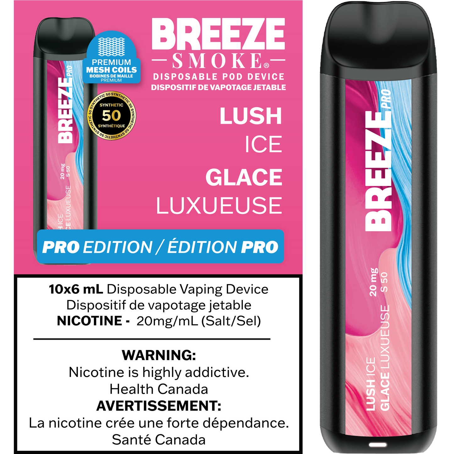 Breeze Pro Synthetic 50 2000 Lush ice 20mg/mL disposable (Provincial)