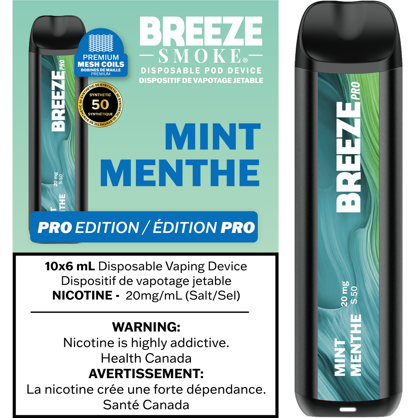 Breeze Pro Synthetic 50 2000 Mint 20mg/mL disposable (Provincial)
