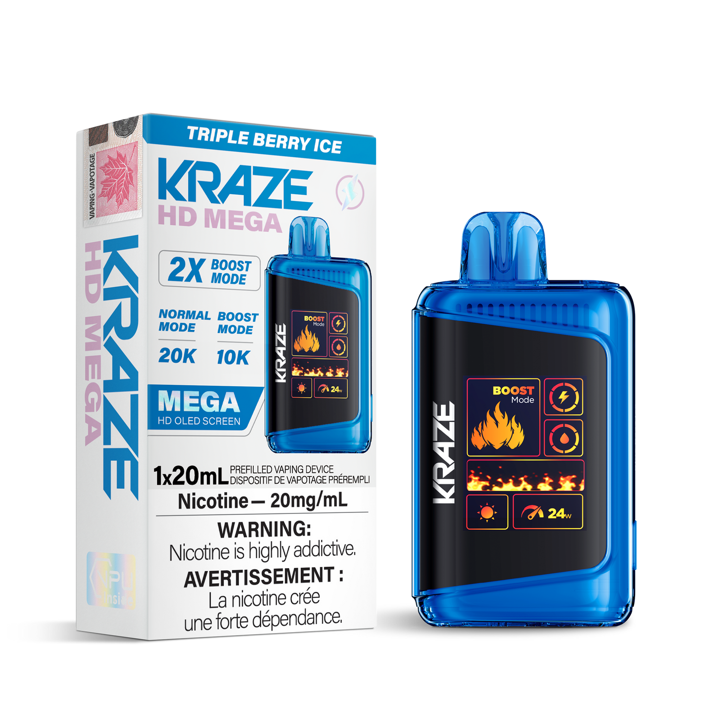 Kraze HD Mega 20K Triple Berry ice 20mg disposable (Provincial)