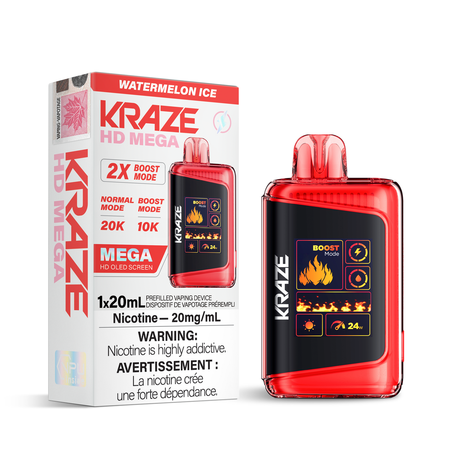Kraze HD Mega 20K Watermelon ice 20mg/mL disposable (Provincial)