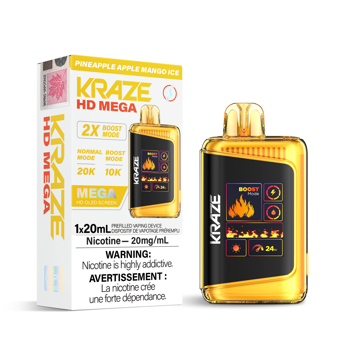 Kraze HD Mega 20K Pineapple Apple Mango Ice 20mg disposable (Provincial)