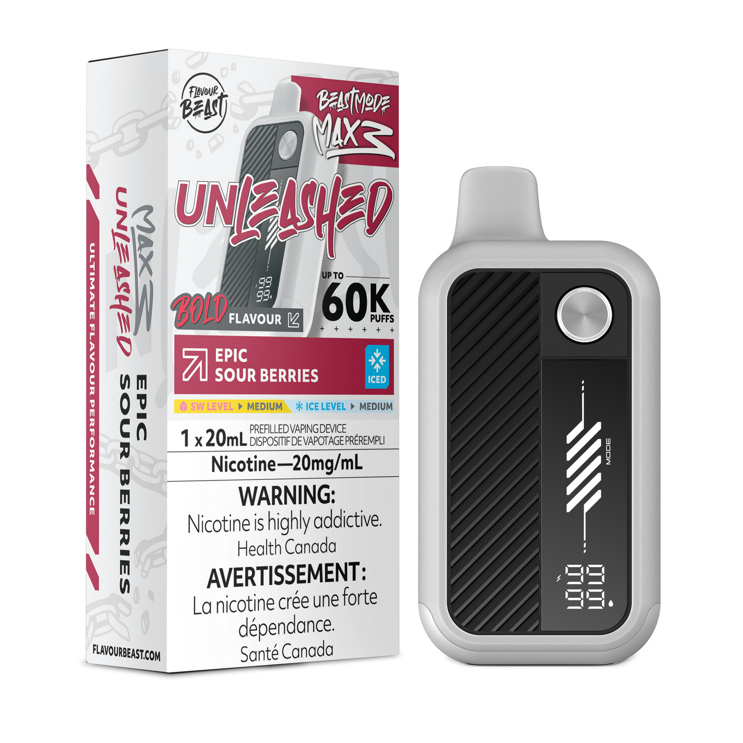 Flavour beast Mode Max 3 60K Unleashed Epic Sour Berries Iced 20mg/ml disposable (Provincial)