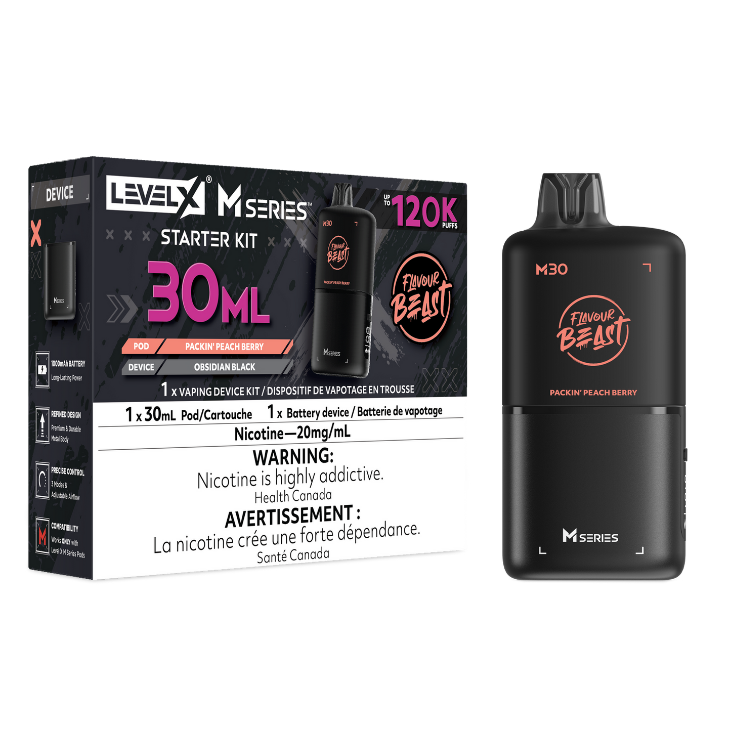 Flavour Beast Level X M series Starter Kit 120k pod  Packin peach Berry 20mg Provincial