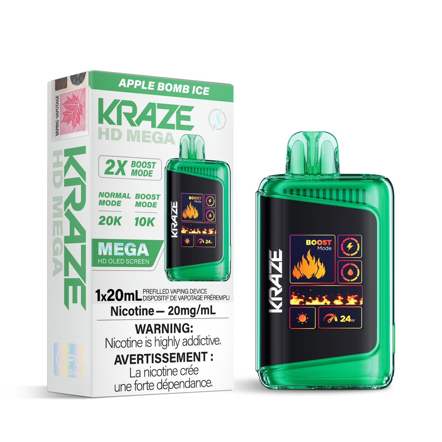 Kraze HD Mega 20K Apple bomb ice (Provincial)20mg/mL disposable