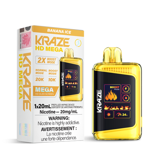 Kraze HD Mega 20K Banana ice 20mg/mL disposable