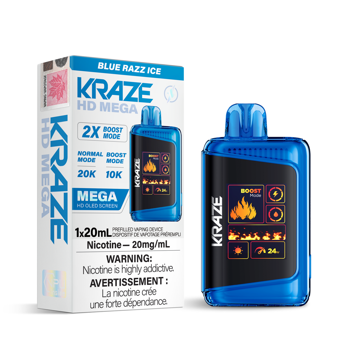 Kraze HD Mega 20K Blue razz ice 20mg/mL disposable