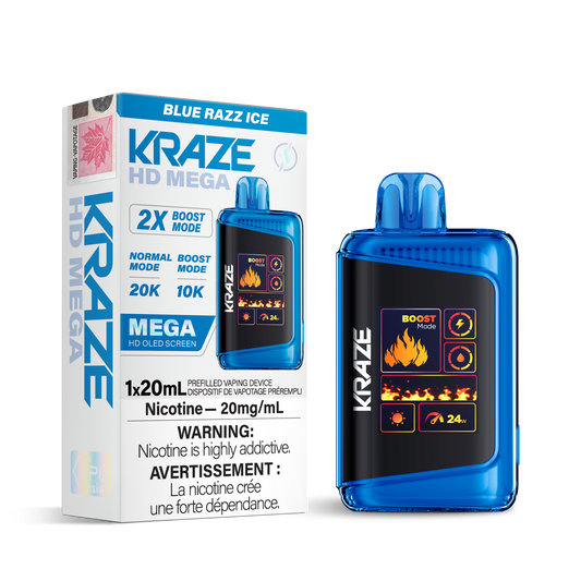 Kraze HD Mega 20K Blue razz ice 20mg/mL disposable