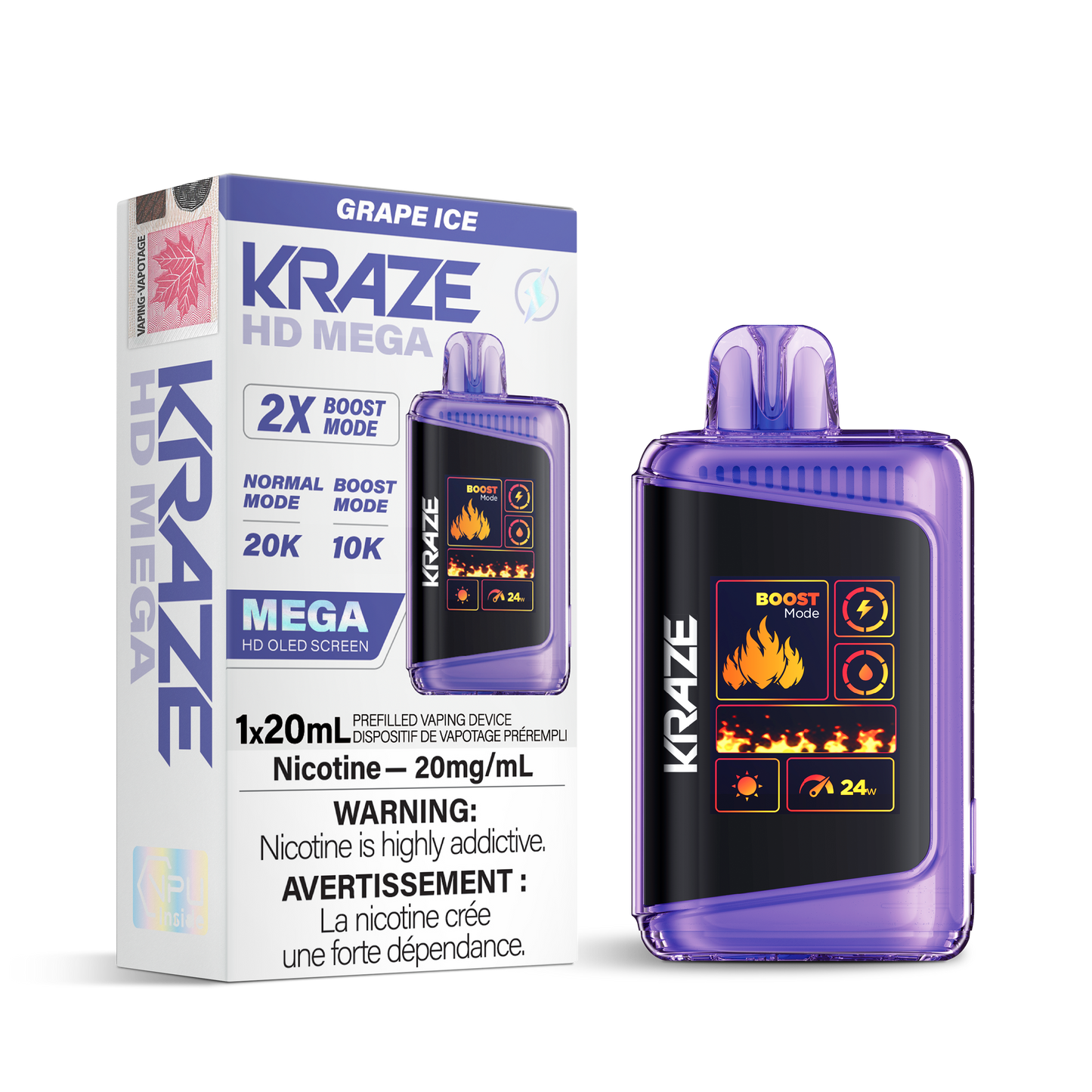 Kraze HD Mega 20K Grape ice (Provincial)20mg/mL disposable