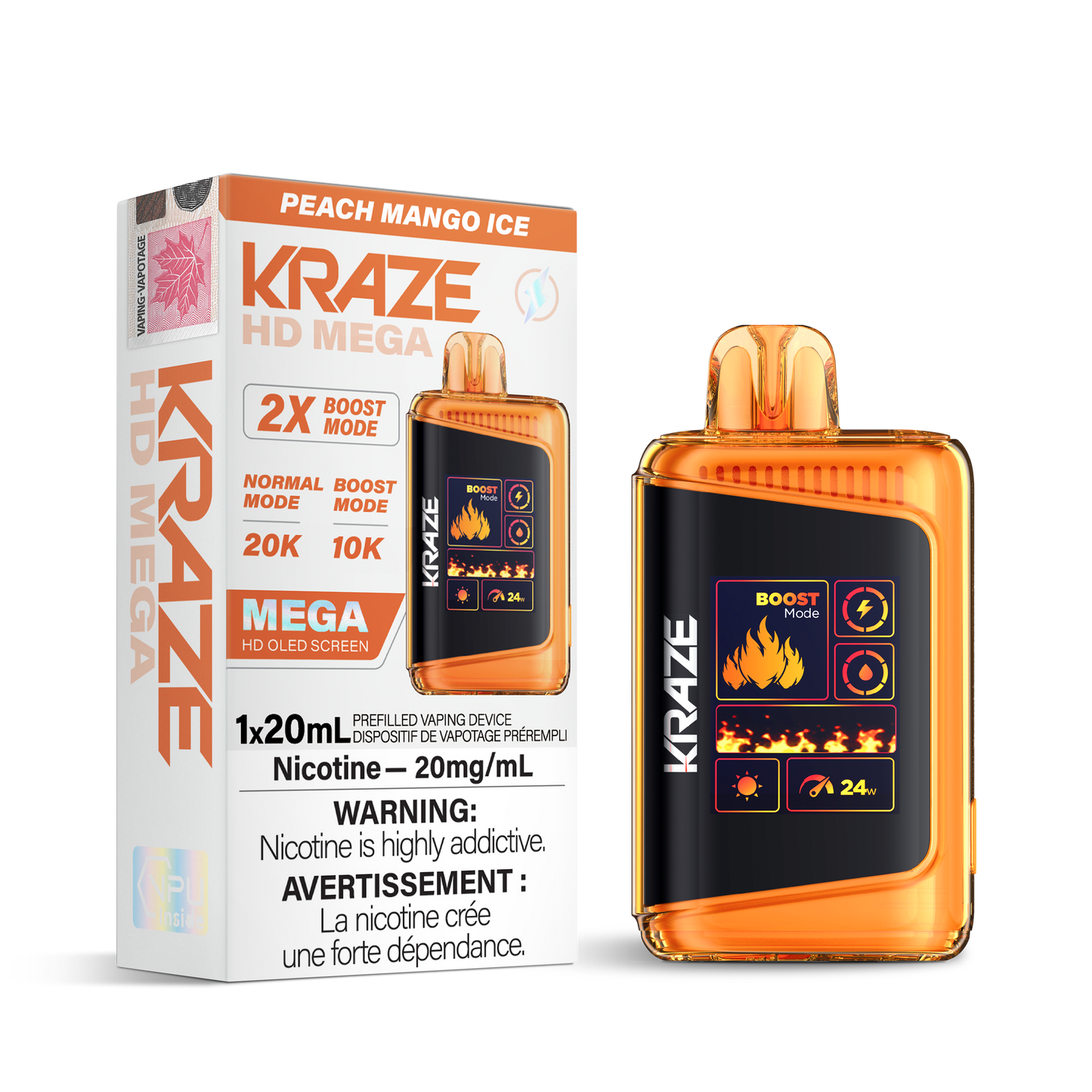 Kraze HD Mega 20K Peach mango ice 20mg/mL disposable