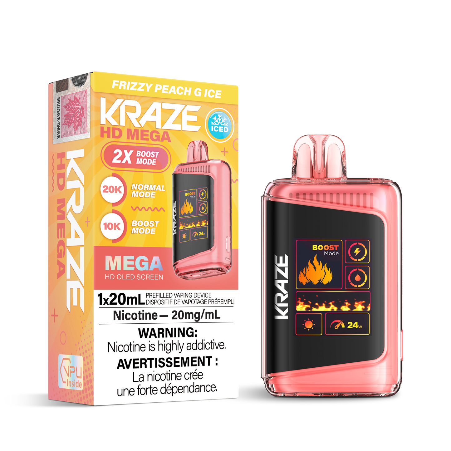 Kraze HD Mega 20K Frizzy Peach G Ice 20mg disposable (Provincial)