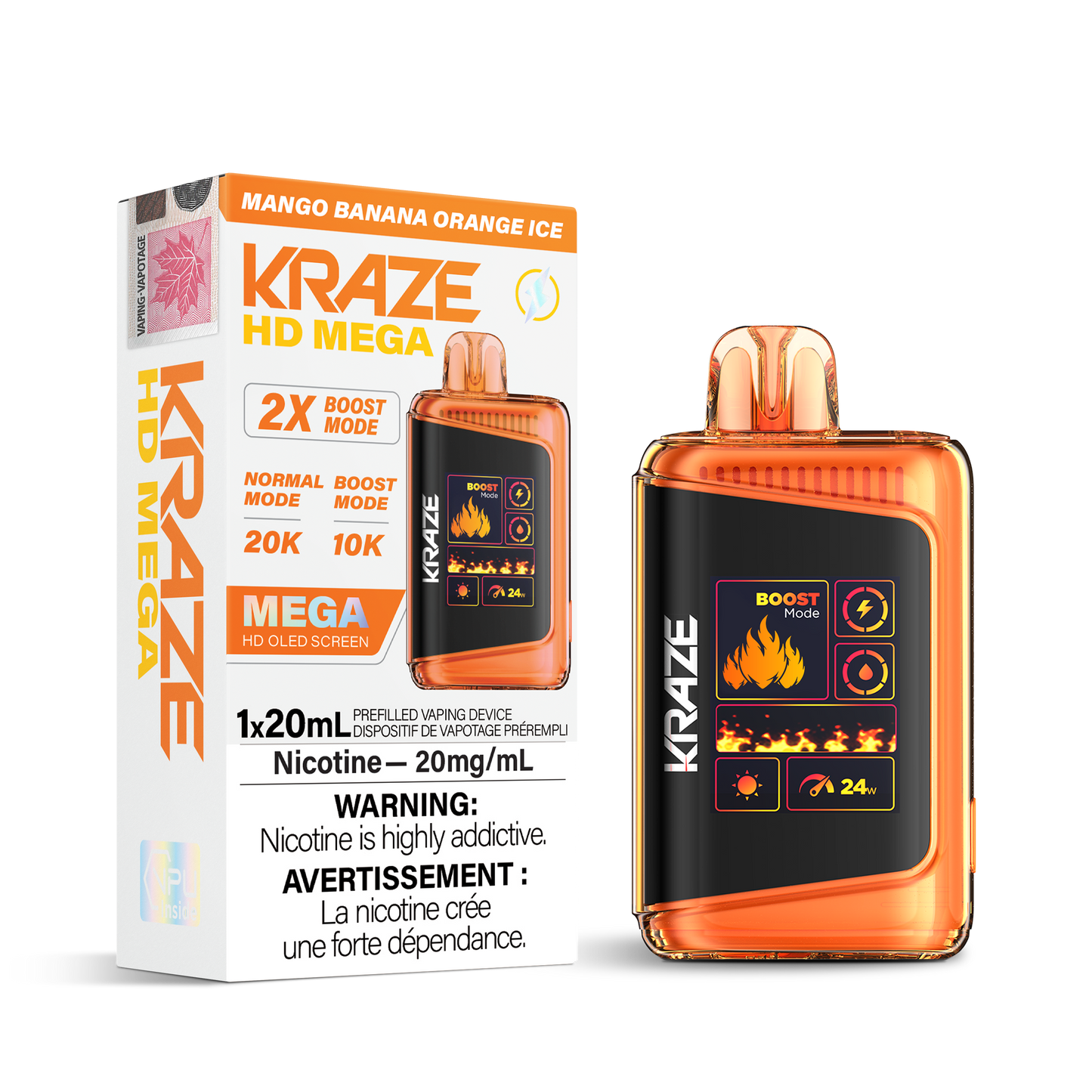 Kraze HD Mega 20K Mango Banana Orange Ice 20mg disposable (Provincial)