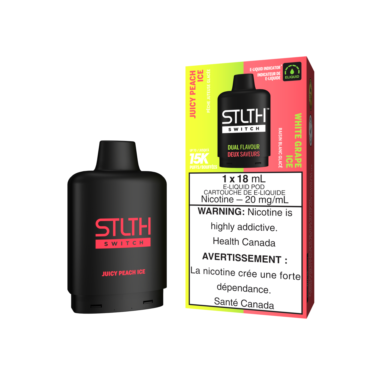 Stlth Switch 15K (Dual pod) Juicy Peach Ice
& White Grape Ice 20mg